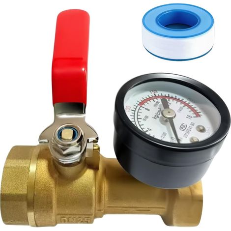 Vanne à Bille en Laiton 1", Filetage Femelle BSP, avec Manomètre, Vanne d'Arrêt pour Pompes à Eau, Robinets Extérieurs et Raccordements d'Eau (1/5)