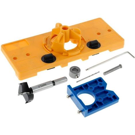 Gabarit de perçage pour charnières invisibles de 35 mm avec foret de 35 mm, butée de profondeur et clé hexagonale pour le travail du bois (jaune) (1/4)