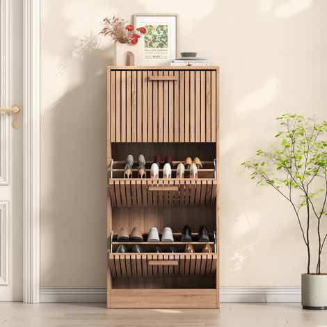 Eleganter Schuhschrank aus Rattan – Aufbewahrungsmöbel mit 3 Ebenen und Flügeltüren – 60 x 24 x 113 cm – Holz