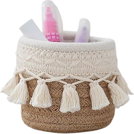 Panier de rangement en corde de coton, design rétro avec pompons, couleur kaki, pour bureau ou décoration intérieure (1/5)