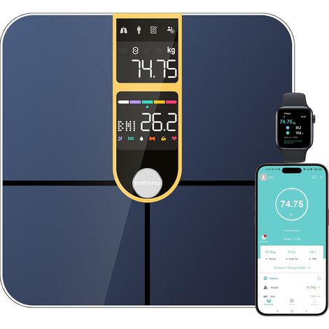 Pèse Personne Balance Connectée Bluetooth Avec 2 Écrans VA et Technologie de Revêtement ITO, 16 Données Corporelle avec Fréquence Cardiaque APP pour Andriod et iOS 180kg/400lb, Doré (1/5)