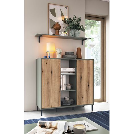 Wohnzimmer Sideboard mit Wandpaneel in grau-grün mit Eiche PARMA-129 (1/5)