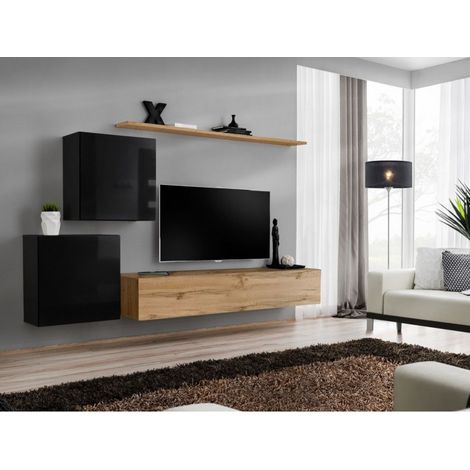 Ensemble mural - Switch V - 1 vitrine carrée - 1 banc TV - 1 étagère - Bois et noir - Modèle 2 - Livraison gratuite