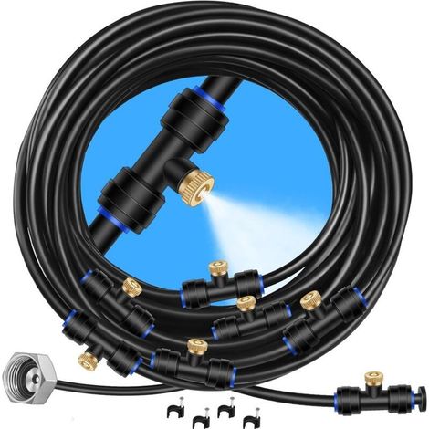 Système de brumisation et de refroidissement, ligne de brumisation DIY + buses de brumisation en laiton sur connecteur en laiton (3/4'') pour parc aquatique, jardin, trampoline, serre (8 m) (1/4)