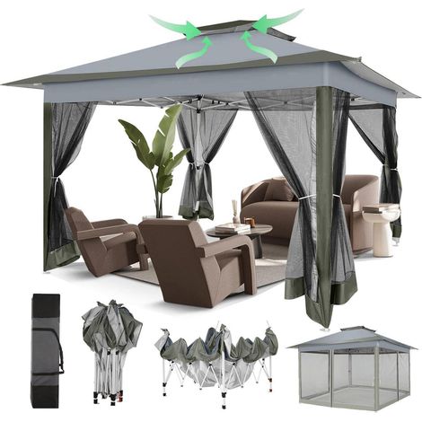 Pop-Up Pavillon 3x3m Wasserdicht mit Moskitonetz, Dunkelgrau (1/5)