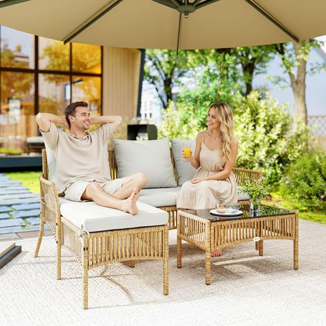 Set di mobili da giardino angolare per 4 persone in resina intrecciata, divano a 2 posti, chaise longue, tavolino, color crema (1/5)