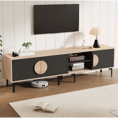 Meuble TV avec 3 portes et 2 niches ouvertes, panneaux de particules, Pour téléviseurs jusqu'à 80 pouces,180x35x49 cm, chêne/noir (1/5)