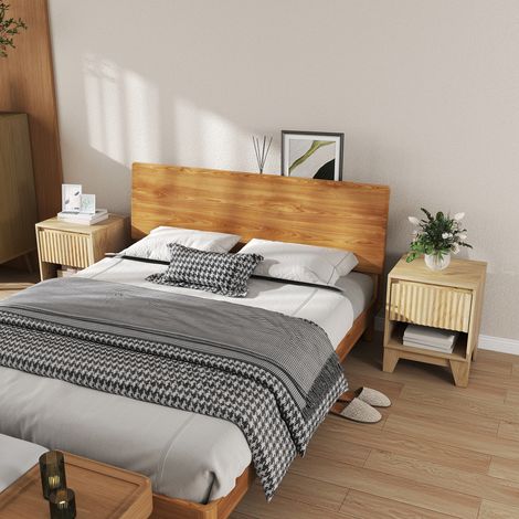 Set aus 2 schmalen Nachttischen, Beistelltisch mit offenem Fach und 1 Schublade, kannelierte Paneele, 43 x 40 x 55 cm, Natur