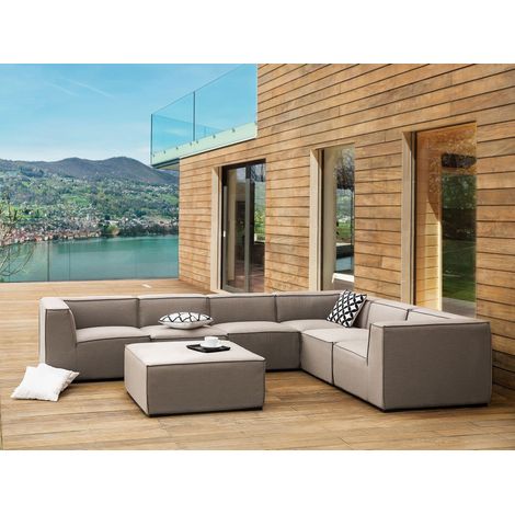 Sofá esquinero 7 plazas modular de poliéster beige arena negro izquierdo con reposapiés Arezzo (1/5)