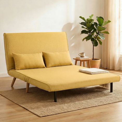 Sofá Cama de 2 Plazas Plegable Sofá Cama Tapizado en Lino con Respaldo Ajustable 5 Posiciones 2 Almohadas Amarillo (1/5)