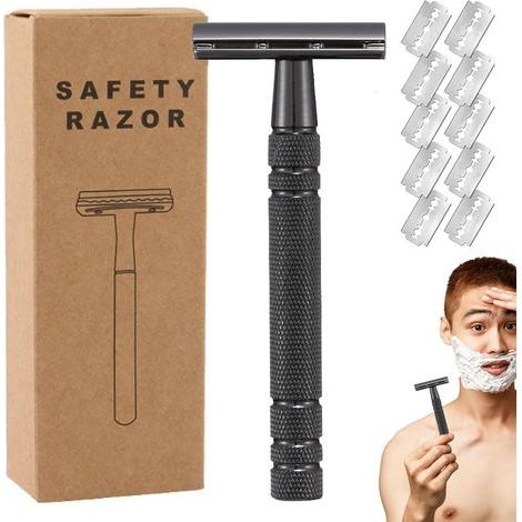 Rasoir Homme Manuel, Rasoir De Sureté Homme et Femme, Déchet Rasoirs Manuel Homme Safety Razor, Reutilisable Rasoirs Barbe Intime Corps Moustache Sourcil, Kit Rasage Manuel Homme Noir (1/5)