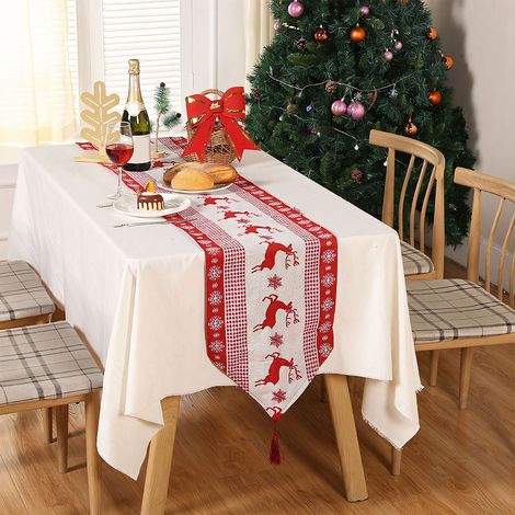 Chemise De Table De Noël - Motif Renne - Polyester Rouge Et Blanc - Pour Décoration De Table De Fête - 180 X 33 Cm - 1 Pièce (1/5)