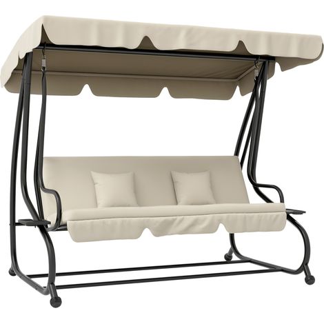 Beyamis Hollywood-Schaukel 2-in-1 mit Liegefunktion, verstellbarem Sonnendach, bis 340 kg belastbar, Stahl, 200 x 120 x 164 cm, cremeweiß