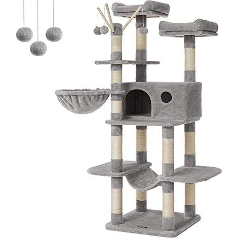 Arbre à chat FEANDREA, maison pour chat XXL, 164 cm, gris clair PCT087W01 (1/5)