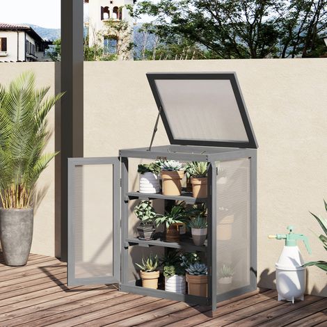 Mini serra da giardino a 3 livelli in legno e policarbonato, 2 porte, grigio scuro DESVIAE (1/5)