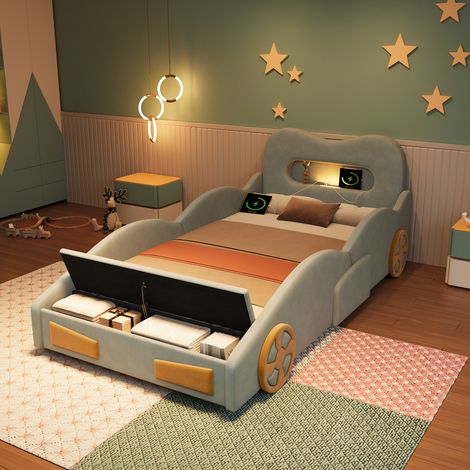 Chambre d'enfant : rangement et confort avec le lit capitonné 90x200 cm, design voiture en flanelle verte et liseuse (1/5)