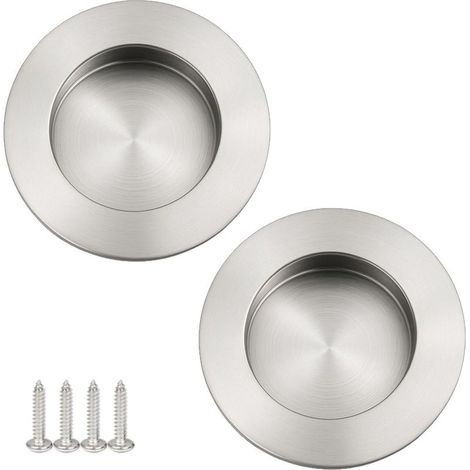 Lot de 2 Poignées Encastrable Porte Coulissante Ronde Poignet Porte Encastrée Inox Argent Brossé Satiné Poignee de Meuble avec Vis - Ø intérieur 40 mm (1/5)