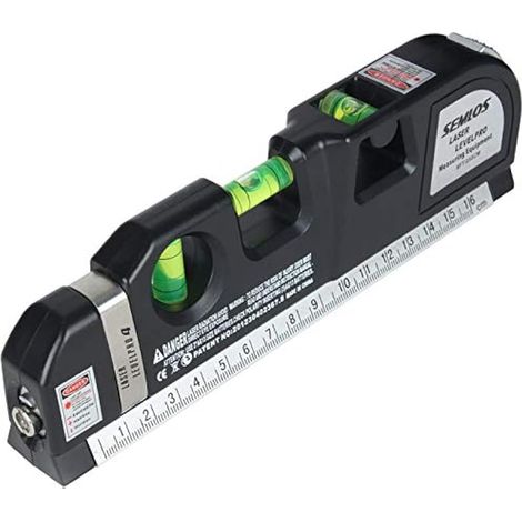 Niveau laser polyvalent pour accrocher tableaux et TV, niveaux à bulle et lasers de ligne, mètre ruban de 8 pieds, règle ruban réglable en standard et métrique.