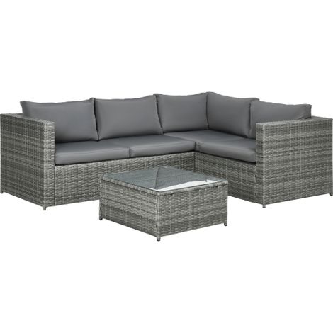 3-Piece Grey Rattan Garden Furniture Set with Thick Cushions, 4-Seater Corner Sofa and Glass Coffee Table for Outdoor Patio Use
