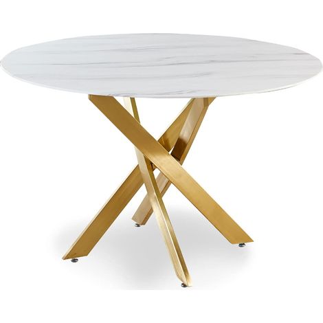 Table Ronde en Verre Effet marbre L120 x P120 x H75 cm Pieds dorés, élégance Moderne et Design Chic (1/5)