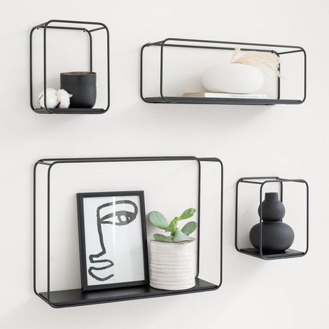 Étagère en 4 Parties en Métal et Placage de Bois Véritable Décoration Murale, Rangement et Étagère à Livres pour Salle de Bain, Salon, Cuisine, Chambre Chêne Noir (1/5)