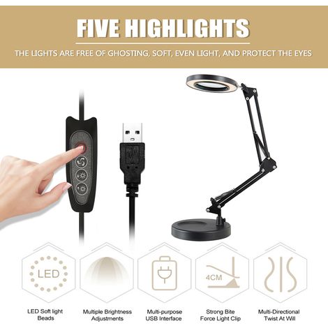 5-fach vergrößernde Schreibtischlampe, LED-Licht, faltbare Leselampe mit drei Dimmstufen, USB-Stromversorgung. (1/5)