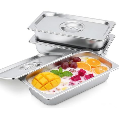 Lot de 3 Bac Gastro Inox, Couvercle Hermétique, Acier Inoxydable, 32,5x17,5x6,5cm, Empilable, Cuisine Professionnelle (1/5)