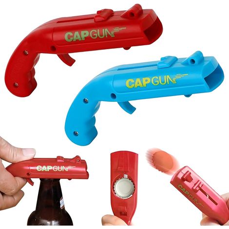 Lot de 2 Décapsuleurs Pistolet Lanceur de Capsules - Cap Gun Amusant pour Bière et Boissons, Accessoire de Bar Idéal pour Fêtes et Soirées, Gadget Cadeau Homme (Bleu et Rouge)