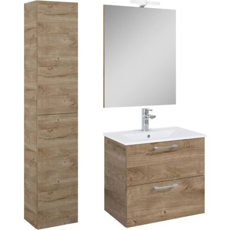 Ensemble meuble vasque avec miroir et éclairage LED + colonne 61,5 x 55 x 41,7 cm - stratifié décor chêne - Ceramia Lea (1/5)