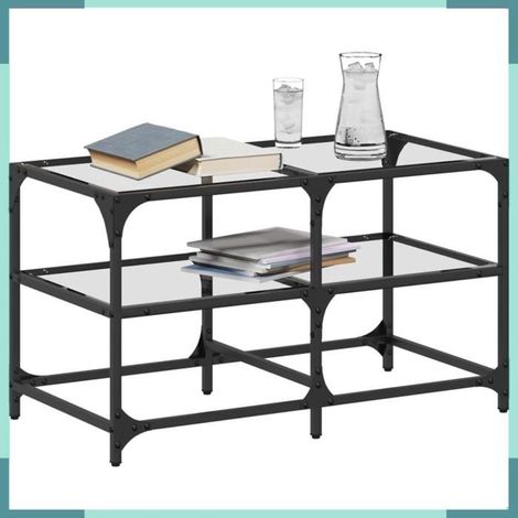 Table basse - 846010 - dessus verre transparent - 78,5 x 40 x 45 cm - acier et bois d'ingénierie (1/5)