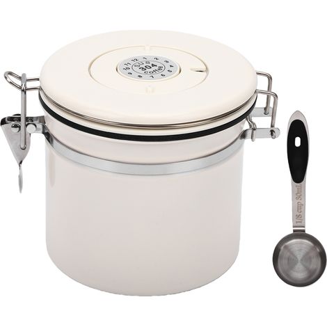 Boîte à café hermétique en acier inoxydable 304 avec valve unidirectionnelle, idéale pour le café en grains, le café moulu, le thé et les noix. 1,2 L. Poignée en silicone beige et cuillère incluses. (1/5)