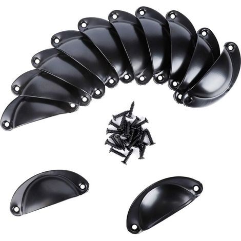 Lot de 12 poignées en forme de coquillage en fer pour porte de placard de cuisine, poignées de tiroir (poignées de tasse noires) (1/5)