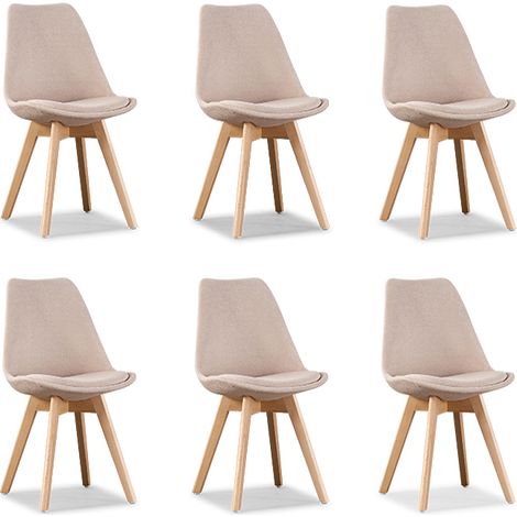 Designetsamaison – Lot de 6 chaises scandinaves en tissu beige – Structure en bois – Hauteur d'assise 46 cm – Style nordique pour cuisine (1/2)