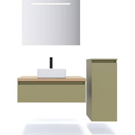 Meuble de salle de bain suspendu vasque à poser 90cm 1 tiroir Vert olive + miroir + colonne ouverture droite - Hudson (1/5)