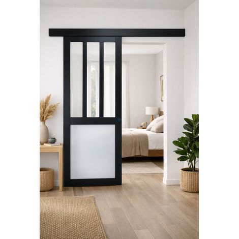 Porta Scorrevole Workshop Nera e Pannelli Vitree Bianchi H204 x L73 + Binario in Alluminio Nero e 2 Gusci Neri