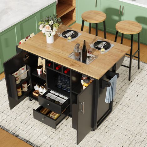 Îlot de cuisine mobile avec 2 tabourets de bar, table rabattable, rangement avec tiroirs, range-bouteilles, porte-épices, porte-serviettes et étagères réglables, desserte multifonction ,noir (1/5)