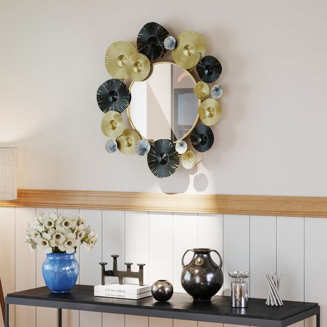 Metall-Wanddekoration mit dekorativem Spiegel für Wohnzimmer, Schlafzimmer, Flur, 84 x 84 cm, Gold und Schwarz