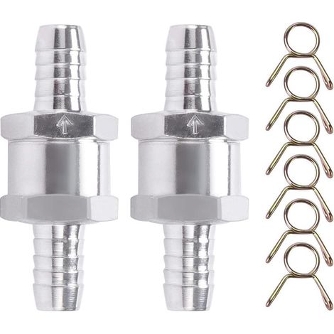 2pcs Check Valve, 10mm Aluminum Fuel Non Return Check Valve, with 6 Spring Clips, for Petrol Diesel Carburetor Low Pressure Fuel Systems