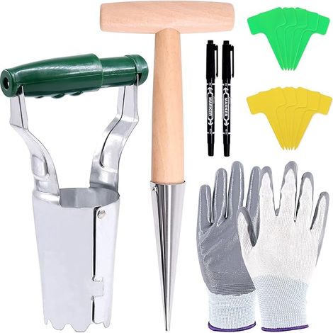 106 Pcs Garden Tool Kit for Planting Bulbs Including 1 Metal Dibbler, 100 T Tags, 1 Pair Gloves and 2 Markers, Portable Planting Kit for Garden Seedling (1/5)