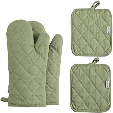 Guantes de cocina y agarraderas de algodón grueso y alargado, resistentes a altas temperaturas (500 grados), juego de 4 piezas (30 cm, verde).