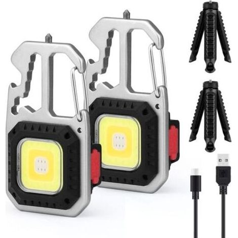2 PCS Mini Lampe de Travail Portable,Porte-clés Lampe de Poche Étanche Lampes d'inspection Rechargeable, Base Magnétique pour Camping (2PCS+Stand) (1/5)