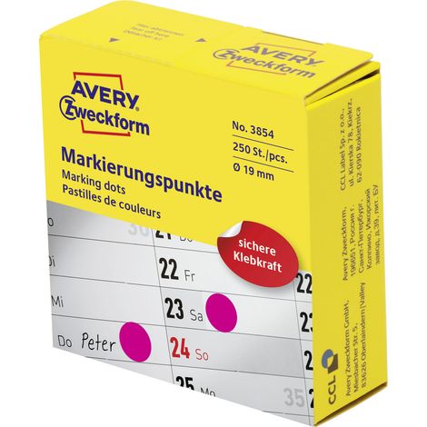 Avery Zweckform 3854 Markierungspunkte, Ø 19 mm, 1 Rolle/250 Etiketten, magenta (1/5)