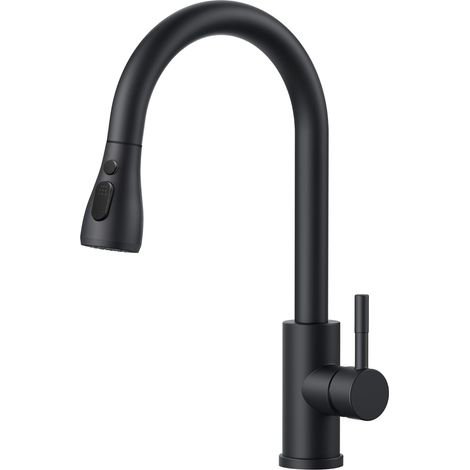 Kitchen sink mixer tap with 3 spray patterns, single-handle swivel kitchen tap in stainless steel for standard UK fittings, matte black (1/4)