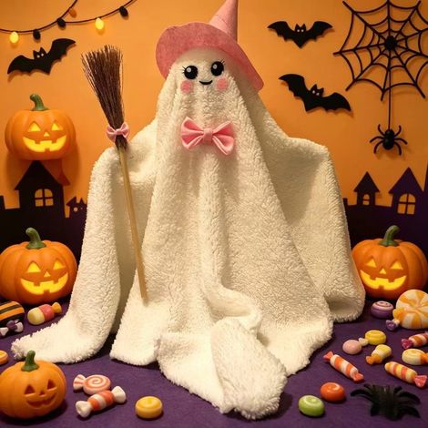 MegaHaustechnik Verwaltungs-GmbH - Nouveauté Halloween : Adorable fantôme rose flocon de neige avec chapeau et nœud papillon - Ornement fantôme balai de 55 cm