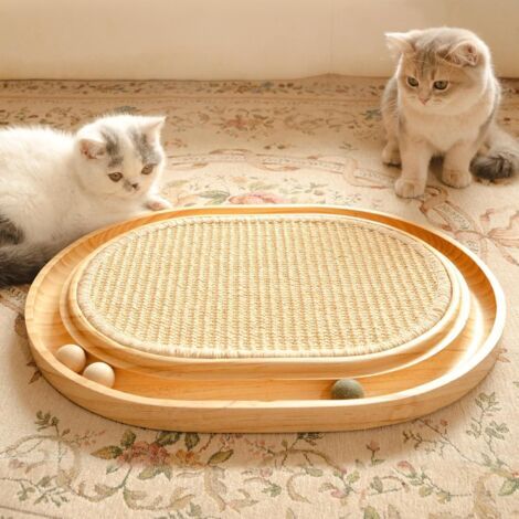 BUNTHAUS Griffoir en sisal - 2 en 1 - Jouet pour chat - Pin massif et coussin en sisal naturel et boules d'herbe - 43 x 33 x 3 cm - Tapis griffoir pour tous les chat (1/4)