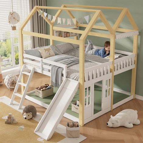 Lit mezzanine enfant en bois 90x200 cm avec toboggan et échelle, lit cabane avec espace de jeu, barrières de sécurité, pin et MDF, Blanc et Naturel (1/5)