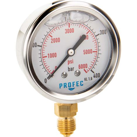 Profec Manometer 0 - 400 bar, Glyzeringefüllt, Ø 63 mm, 1/4 Zoll Anschluss nach unten Radial, Überdruck-Manometer