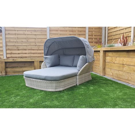Signature Weave Meghan Wicker Garden Day Bed Sun Lounger Sofa Canopy Hood Grey (1/5)