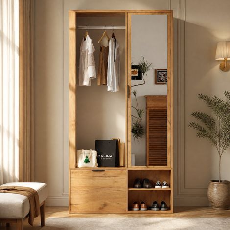 Armario recibidor (100x33x190 cm), con espejo, 9 compartimentos, perchero abierto, tablero de partículas, madera natural (1/5)