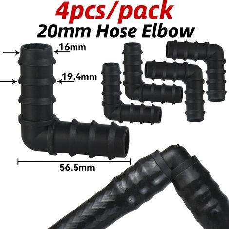 (Coude 20 mm - 4 pièces) 4 raccords cannelés en T et coude pour tuyau d'irrigation goutte à goutte en PE (16 mm, 20 mm et 25 mm) - Bouchon d'extrémité - Extension pour tuyau d'arrosage (1/2" et 3/4") (1/5)